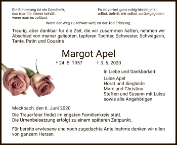 Traueranzeige von Margot Apel von HZ