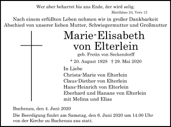 Traueranzeige von Marie-Elisabeth von Elterlein von HZ