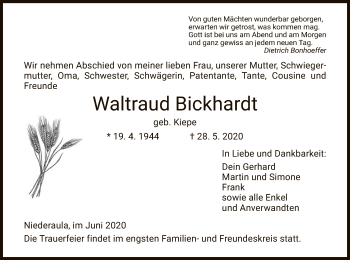 Traueranzeige von Waltraud Bickhardt von HZ