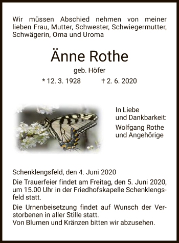Traueranzeige von Änne Rothe von HZ