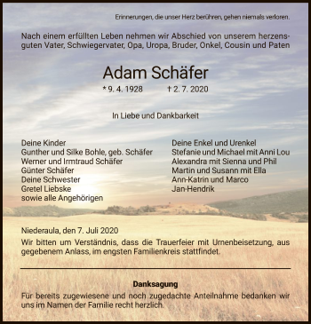 Traueranzeige von Adam Schäfer von HZ