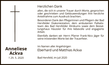 Traueranzeige von Anneliese Ackva von HZ