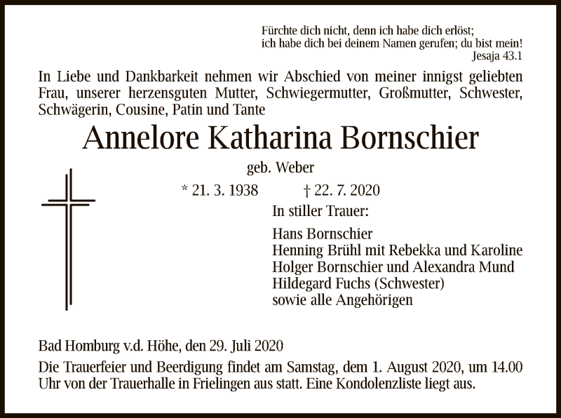  Traueranzeige für Annelore Katharina Bornschier vom 29.07.2020 aus HZ