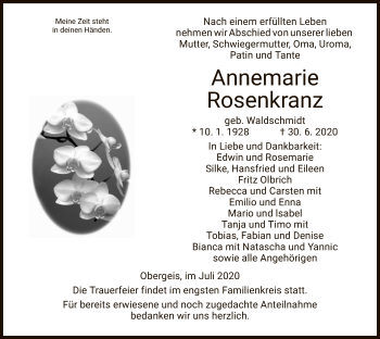 Traueranzeige von Annemarie Rosenkranz von HZ