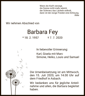 Traueranzeige von Barbara Fey von HZ