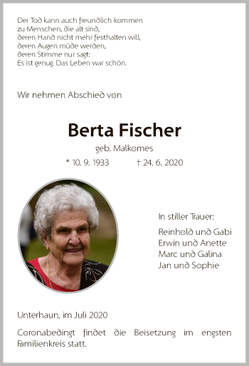 Traueranzeige von Berta Fischer von HZ