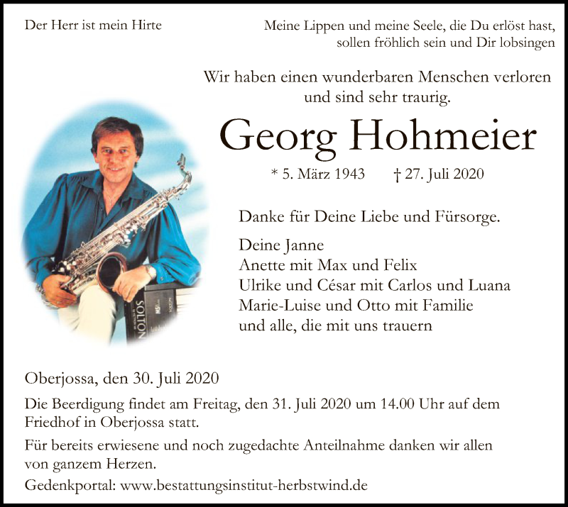  Traueranzeige für Georg Hohmeier vom 30.07.2020 aus HZ