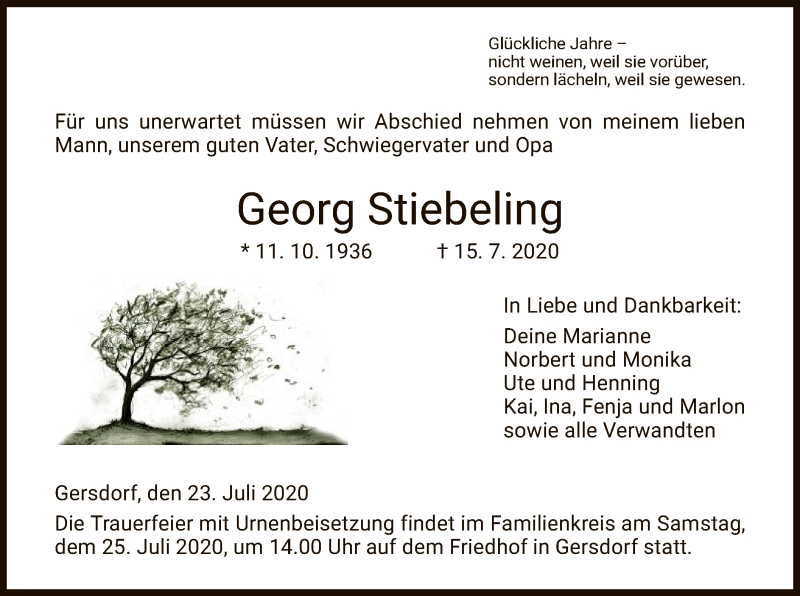  Traueranzeige für Georg Stiebeling vom 23.07.2020 aus HZ