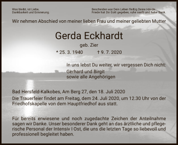 Traueranzeige von Gerda Eckhardt von HZ