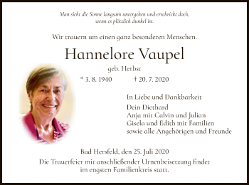 Traueranzeige von Hannelore Vaupel von HZ