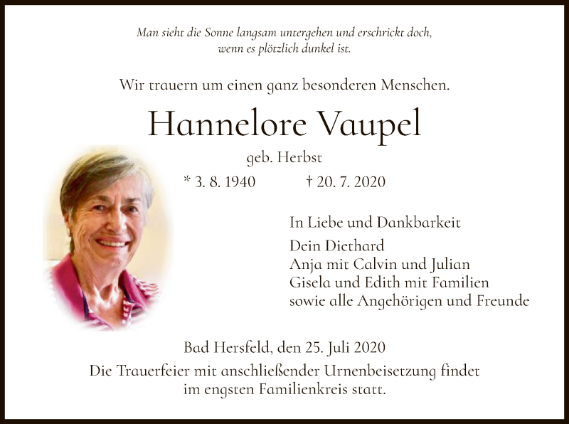  Traueranzeige für Hannelore Vaupel vom 25.07.2020 aus HZ