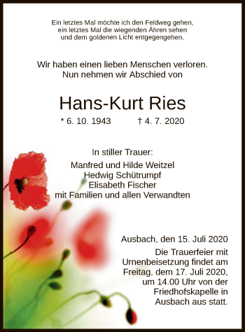 Traueranzeige von Hans-Kurt Ries von HZ