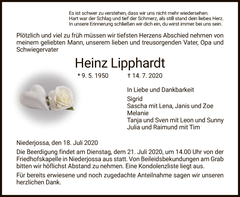  Traueranzeige für Heinz Lipphardt vom 18.07.2020 aus HZ