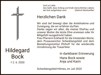 Traueranzeige von Hildegard Bock von HZ