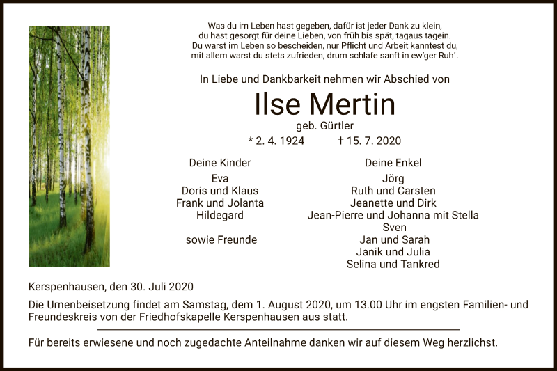  Traueranzeige für Ilse Mertin-anzeige vom 30.07.2020 aus HZ