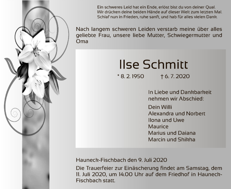  Traueranzeige für Ilse Schmitt vom 09.07.2020 aus HZ