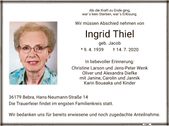 Traueranzeige von Ingrid Thiel von HNA