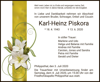 Traueranzeige von Karl-Heinz Piskora von HZ