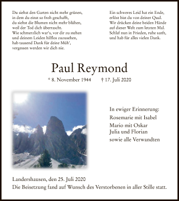 Traueranzeige von Paul Reymond von HZ