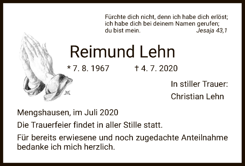  Traueranzeige für Reimund Lehn vom 11.07.2020 aus HZ