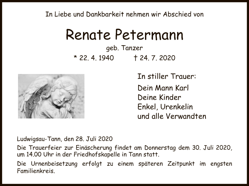  Traueranzeige für Renate Petermann vom 28.07.2020 aus HZ
