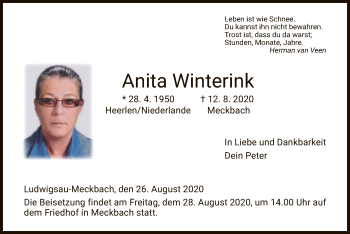 Traueranzeige von Anita Winterink von HZ