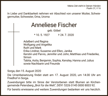 Traueranzeige von Anneliese Fischer von HZ