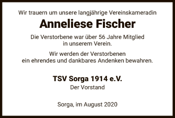 Traueranzeige von Anneliese Fischer von HZ