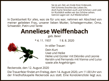 Traueranzeige von Anneliese Weiffenbach von HZ