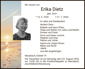 Traueranzeige von Erika Dietz von HZ