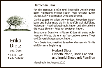 Traueranzeige von Erika Dietz von HZ