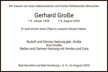 Traueranzeige von Gerhard Große von HZ