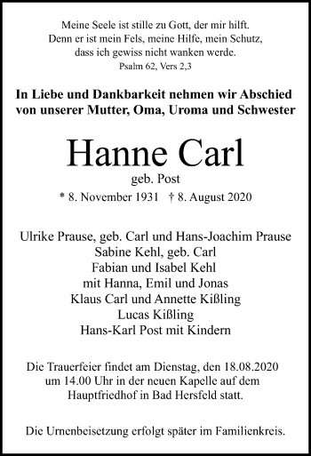 Traueranzeige von Hanne Carl von HZ