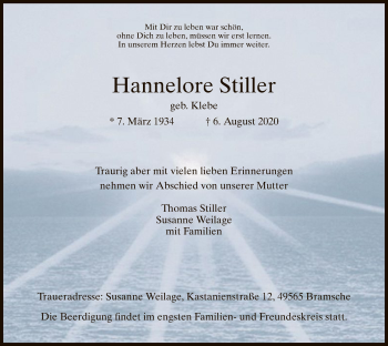 Traueranzeige von Hannelore Stiller von HZ