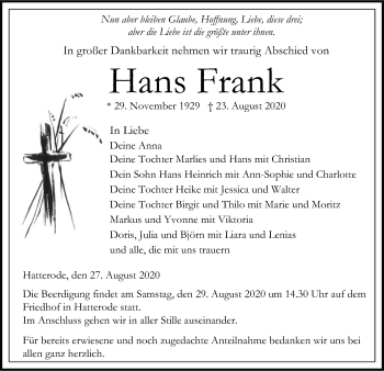 Traueranzeige von Hans Frank von HZ