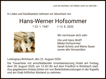 Traueranzeige von Hans-Werner Hofsommer von HZ