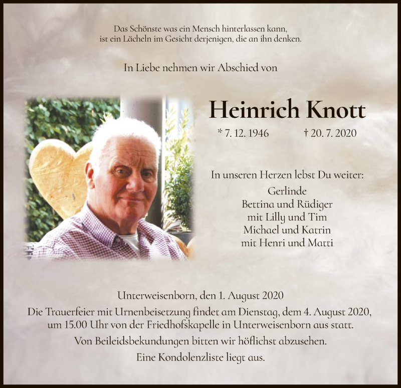  Traueranzeige für Heinrich Knott vom 01.08.2020 aus HZ