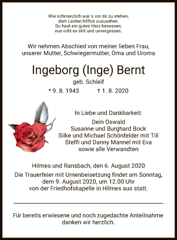 Traueranzeige von Ingeborg  Bernt von HZ