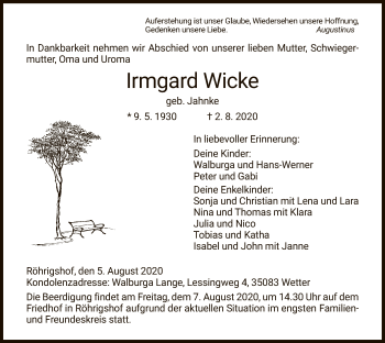 Traueranzeige von Irmgard Wicke von HZ