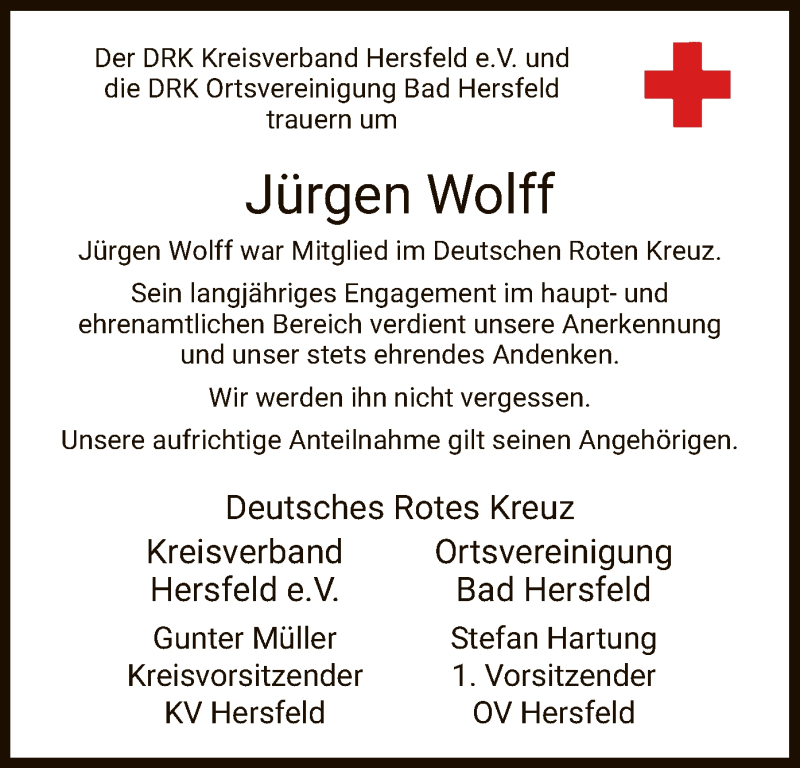  Traueranzeige für Jürgen Wolff vom 01.08.2020 aus HZ