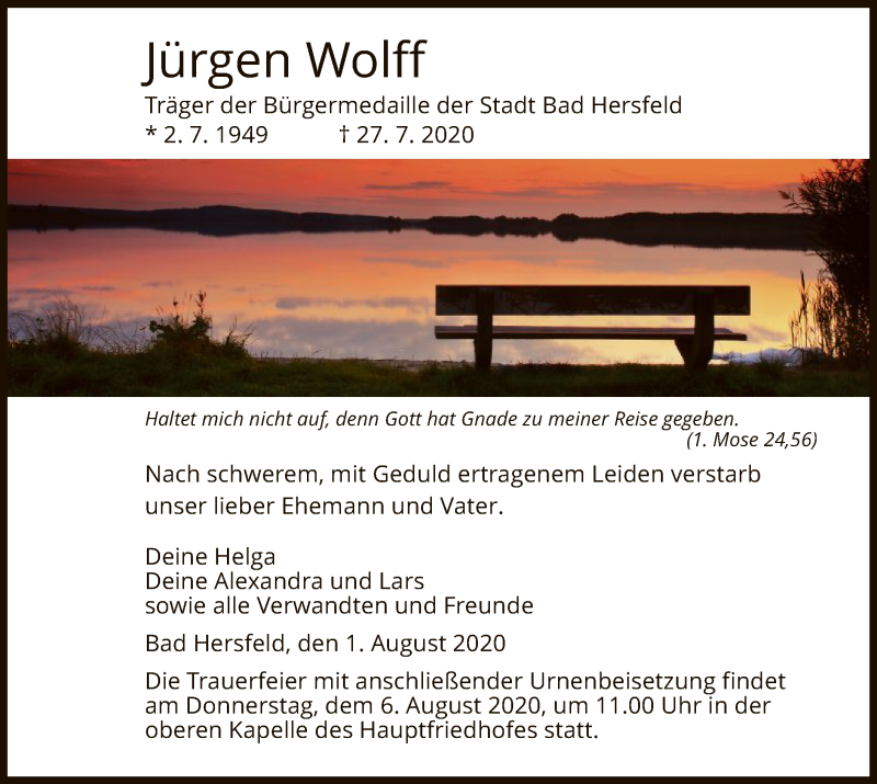  Traueranzeige für Jürgen Wolff vom 01.08.2020 aus HZ