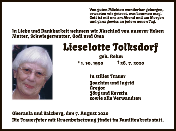 Traueranzeige von Lieselotte Tolksdorf von HZ