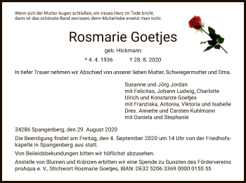 Traueranzeige von Rosmarie Goetjes von HNA