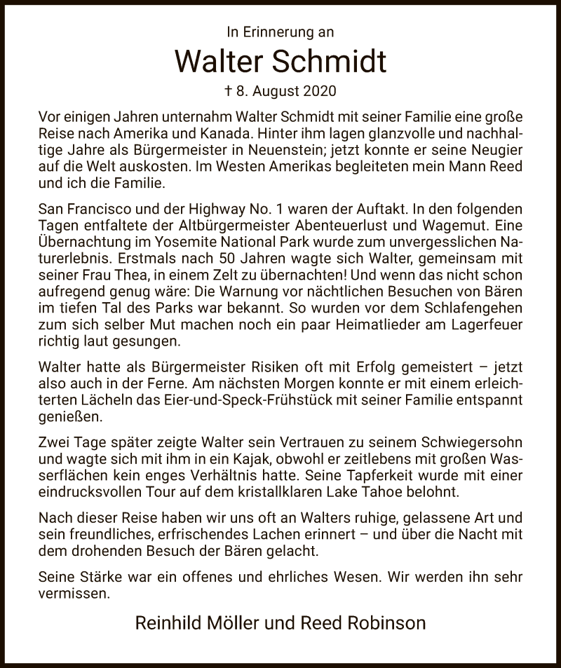  Traueranzeige für Walter Schmidt vom 13.08.2020 aus HZ