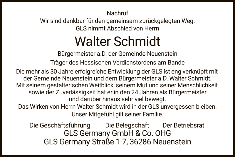  Traueranzeige für Walter Schmidt vom 14.08.2020 aus HZ