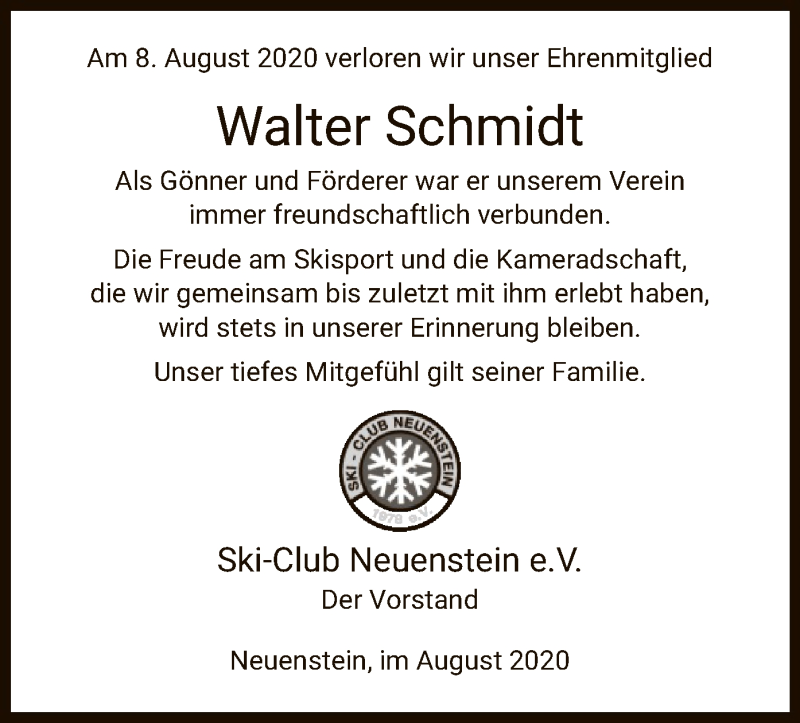  Traueranzeige für Walter Schmidt vom 12.08.2020 aus HZ
