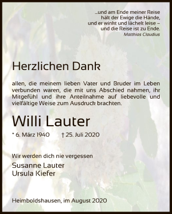 Traueranzeige von Willi Lauter von HZ