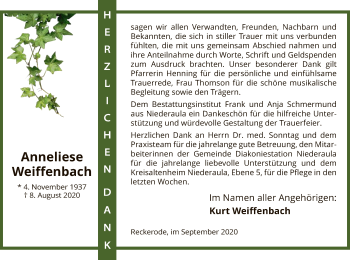 Traueranzeige von Anneliese Weiffenbach von HZ