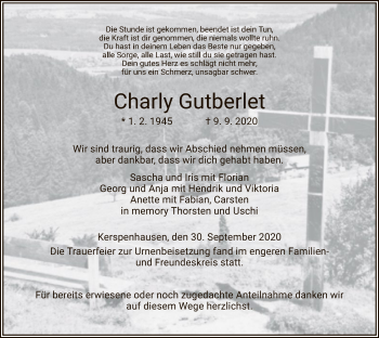 Traueranzeige von Charly Gutberlet von HZ