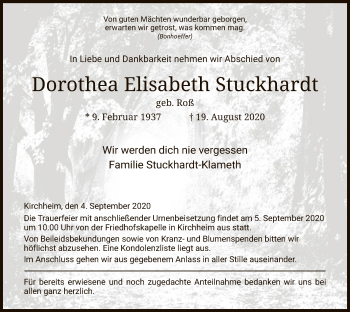 Traueranzeige von Dorothea Elisabeth Stuckhardt von HZ